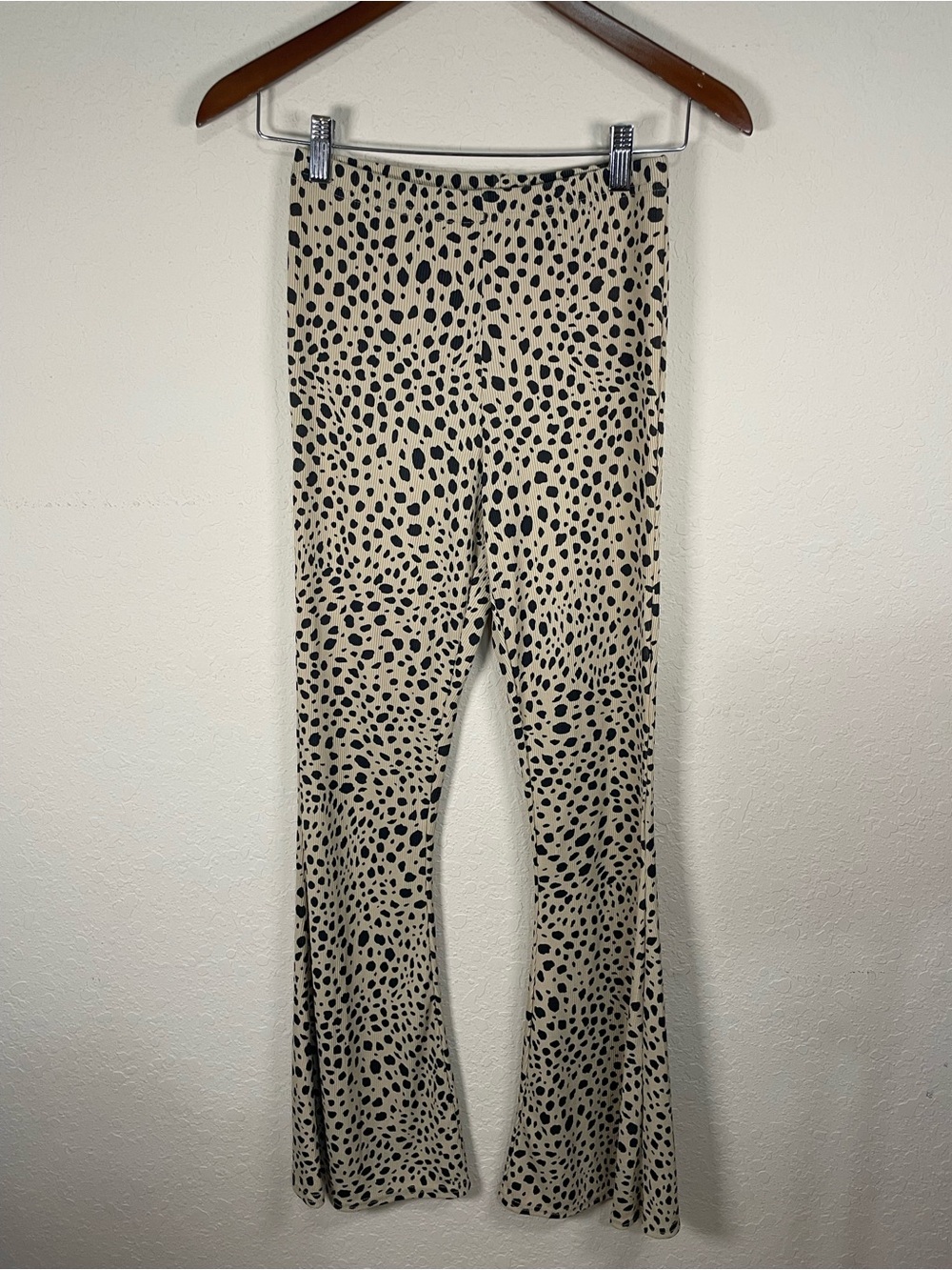 NASTY GAL | Dalmatian Spot Ribbed Knit High-Waisted Flare Pants Cream Black | 2